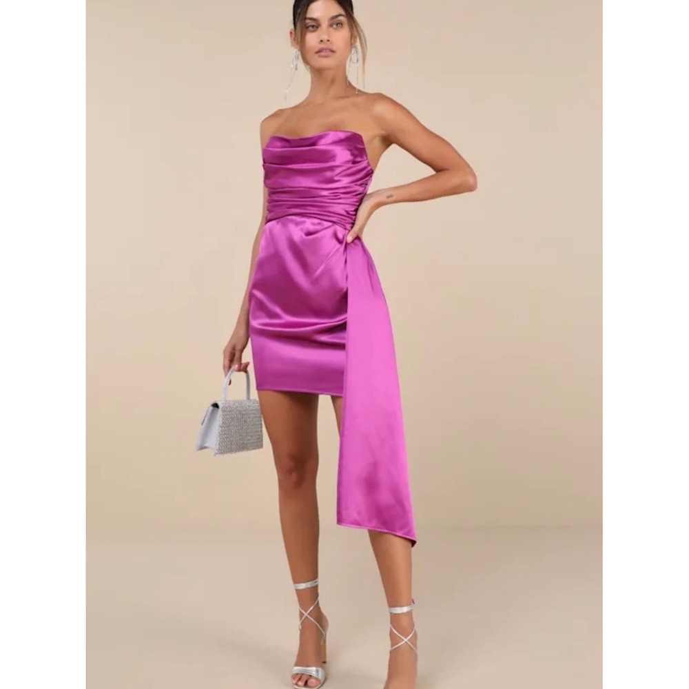 New Lulu's Strapless Fuchsia Satin Mini Dress with Side Drape size XL